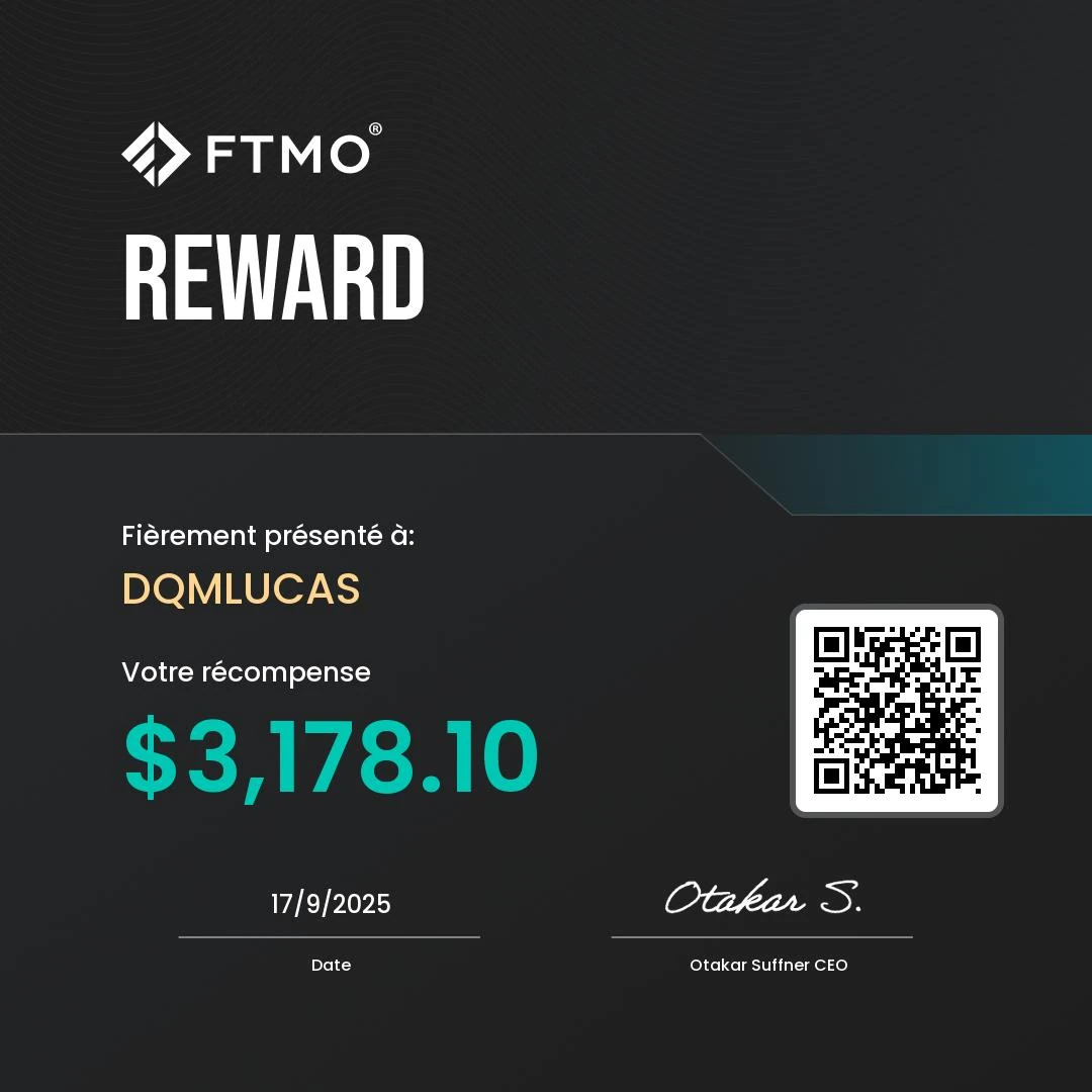 Certificat FTMO Reward : 3 178,10 $ présenté à DQMLUCAS le 17/09/2025